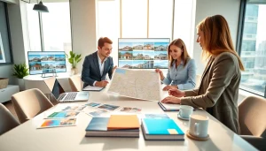 Real Estate agents discussing strategies in a modern office with vibrant decor.