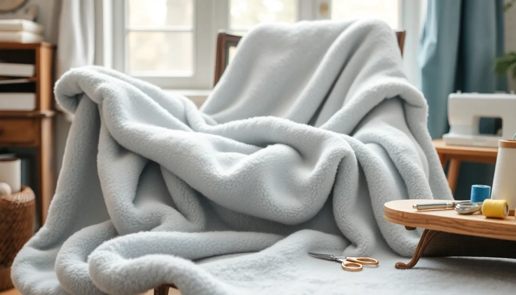 Fleece stof met luxe textuur op een rustieke stoel, perfect voor creatieve projecten.