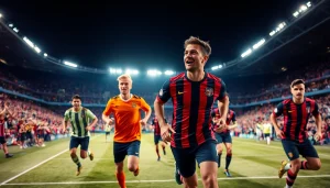 Promote discount football shirts in action with players showcasing team spirit in a vibrant stadium.