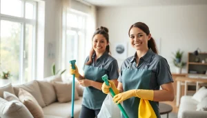 Engaging cleaning service professionals enhancing a home environment with eco-friendly solutions.