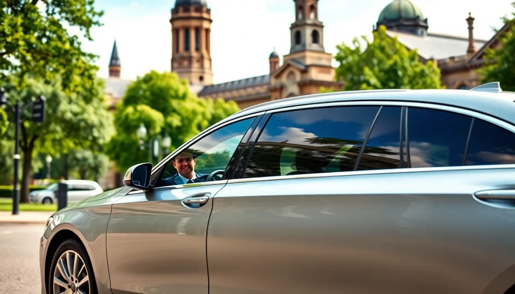 Showcase Chauffeur Hire Nottingham with a professional chauffeur and luxury vehicle against the cityscape.