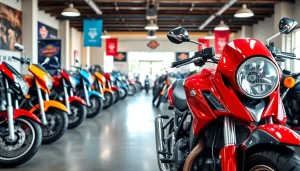 Motorrad gebraucht kaufen in einem hellen Verkaufsraum mit verschiedenen Motorrädern.