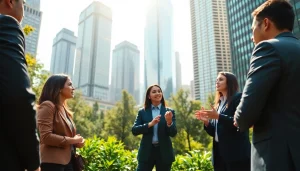Engaged professionals discussing Chicago jobs against a backdrop of the city skyline.