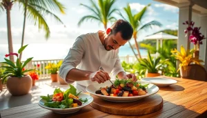 Sint Maarten private chef delightfully creating an exquisite gourmet dish in a stunning villa.