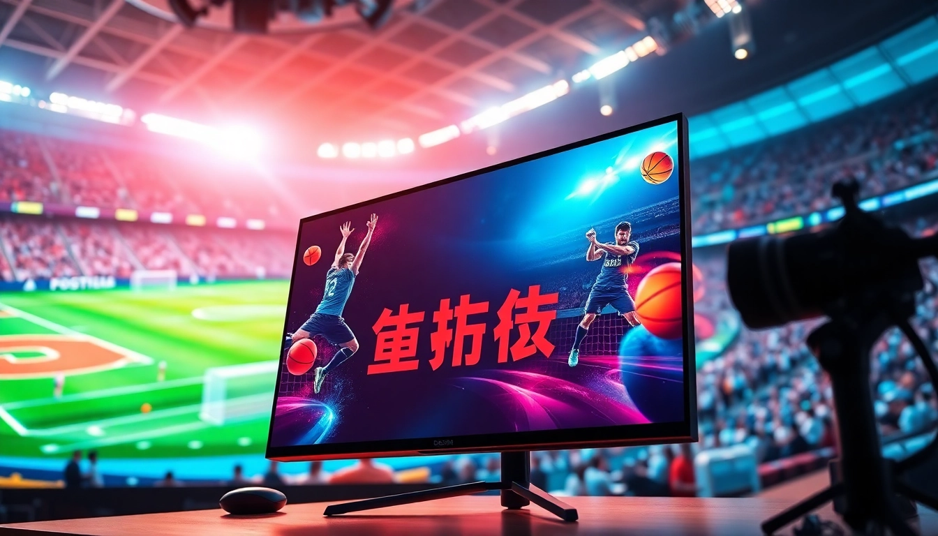 오징어티비의 다양한 스포츠 중계를 보여주는 모니터와 생동감 넘치는 분위기