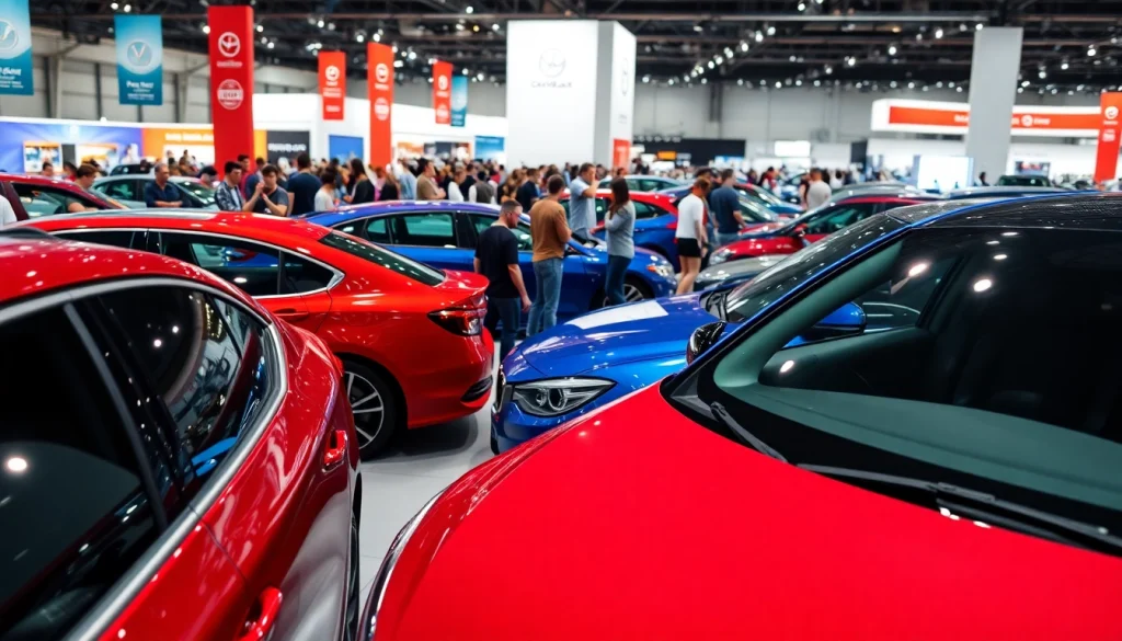Attendees enjoying the Auto Cars Show featuring various car models in a vibrant exhibition.