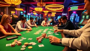Players enjoying a thrilling poker game at nhà cái nh88's vibrant casino tables.