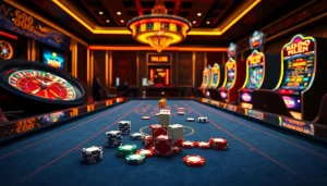 Experience thrilling gameplay at nhà cái rr88 with a vibrant online casino scene featuring roulette wheels, poker chips, and lively slot machines.