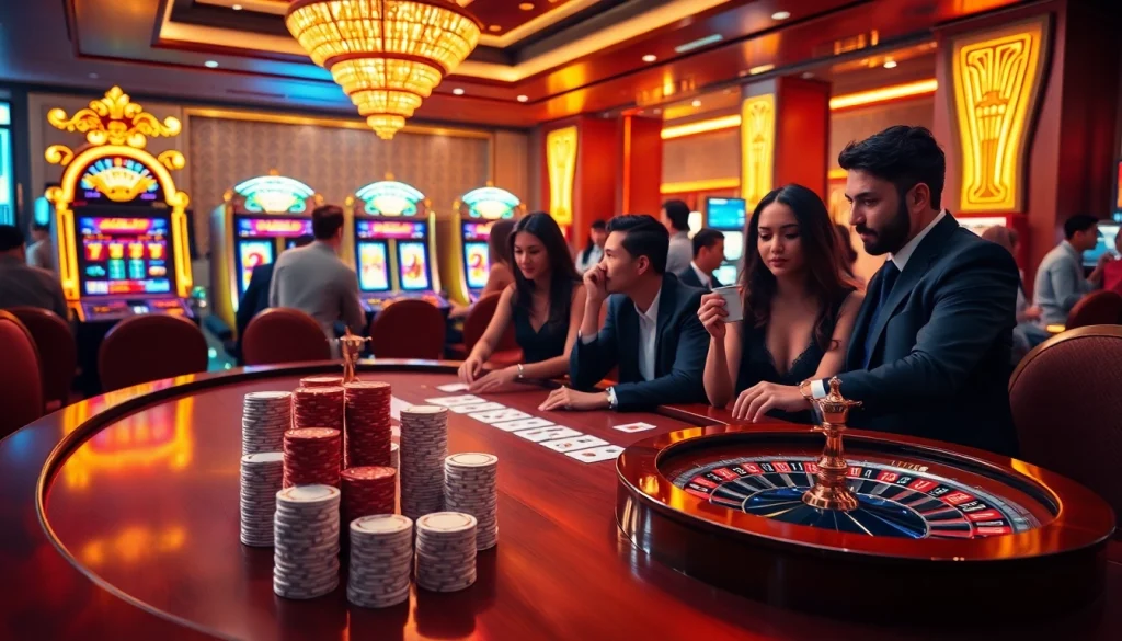 Experience thrilling gameplay with ta 88 at a luxurious online casino setting, showcasing poker and slot machines.