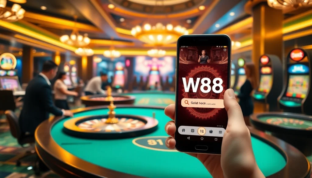 Gamblers engaging with online games through W88 link in a luxurious casino environment.