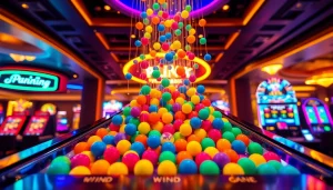 Jelajahi plink slot yang menarik dengan bola berwarna-warni jatuh di papan piramida di kasino.