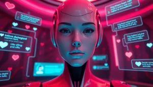 Intimate interaction with an AI sex bot in a vibrant digital landscape