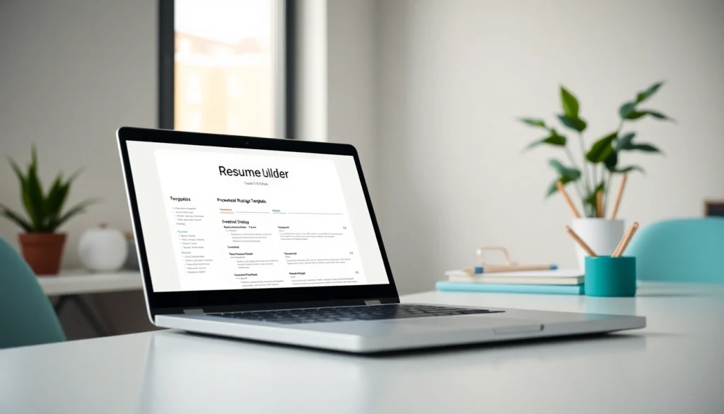 Craft a stunning resume using the Resume Builder displayed on a laptop in a modern office.