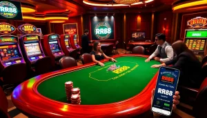 High-stakes poker action at the RR88 online casino with vibrant chips and a roulette wheel.
