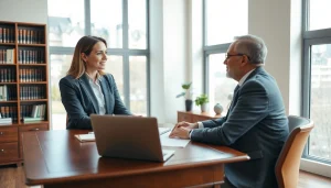 Engaged real estate lawyer advising a client in a professional office setting.