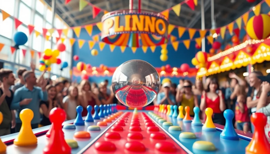 Plinko board yang ceria dengan bola siap jatuh di arena carnival yang ramai.