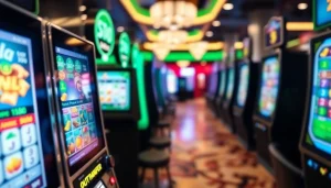 Permainan situs deposit 1000 yang menarik dengan slot dan uang digital dalam suasana kasino yang ceria.