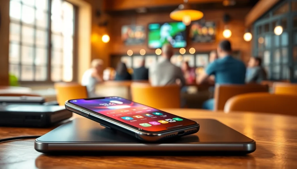 Engage with sports betting apps Georgia through a sleek smartphone interface amidst a vibrant sports bar backdrop.