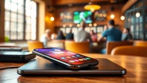 Engage with sports betting apps Georgia through a sleek smartphone interface amidst a vibrant sports bar backdrop.