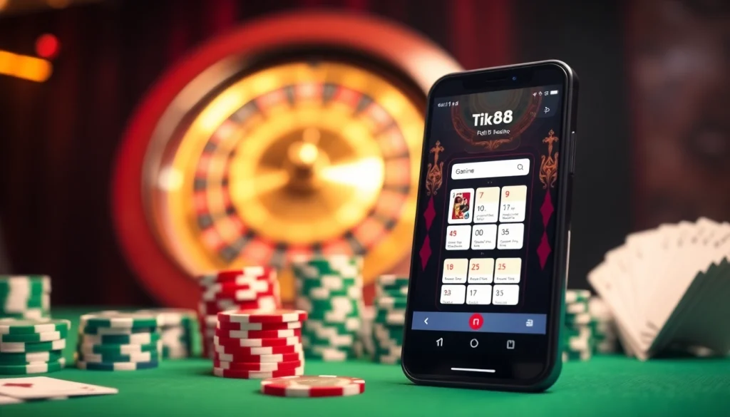 Ứng dụng Tik88 được trình diễn trên một điện thoại thông minh sang trọng giữa các chip poker và bánh xe roulette.