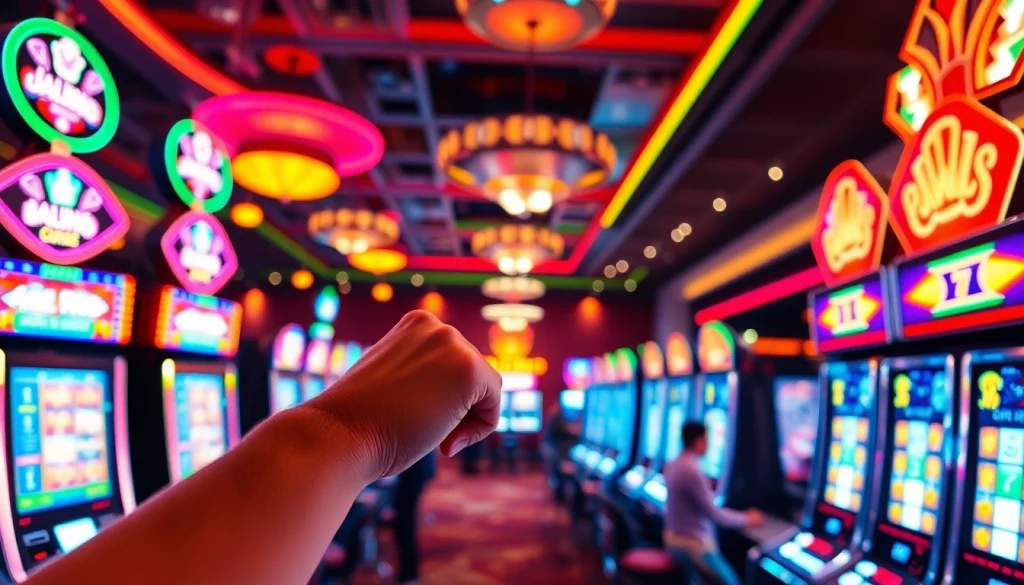 Bermain slot 50 perak dengan kegembiraan di kasino modern yang cerah dan penuh warna