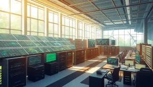 Cloud mining site showcasing renewable energy and advanced technology for cryptocurrency operations.