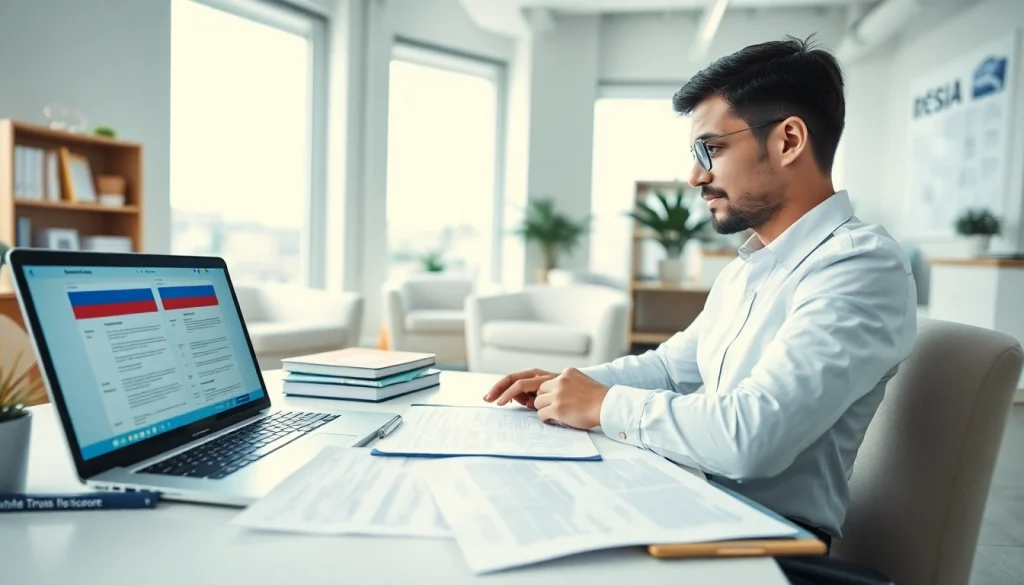 Traducteur assermenté russe en plein travail dans un bureau moderne, traduisant des documents pour des clients.