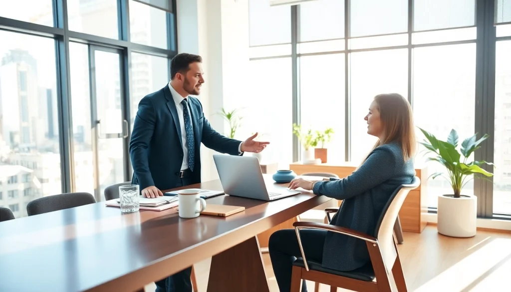 Engaging business coaching service session in a modern office with a professional coach and client.