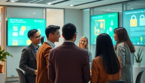 전문 금융 환경에서 상품권카드에 대해 논의하는 사람들을 담은 현대적인 사무실 환경.