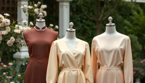 Rivelle fashion collection elegantly showcased in a serene garden setting.