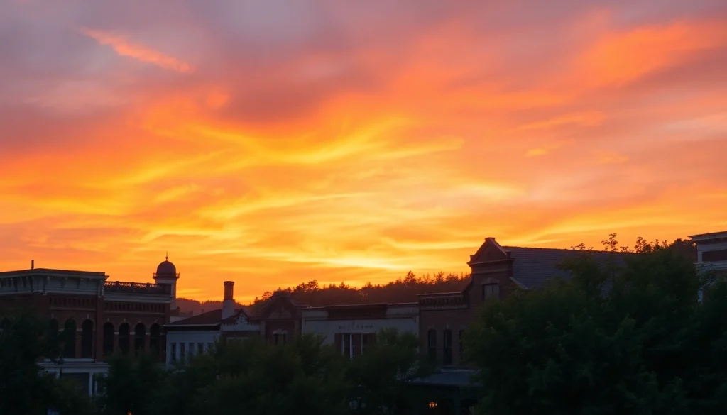 View of historic downtown Clarksburg during sunset with vibrant skyline colors.