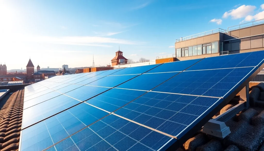 Showcasing commercial solar installation in Nottingham with vibrant blue solar panels on an industrial rooftop.