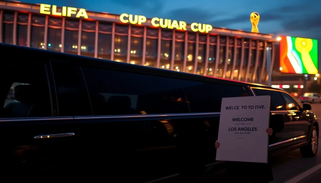 World Cup Group Transportation in a luxury limousine outside a stadium during the FIFA World Cup.