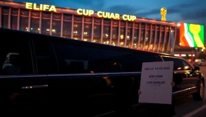 World Cup Group Transportation in a luxury limousine outside a stadium during the FIFA World Cup.