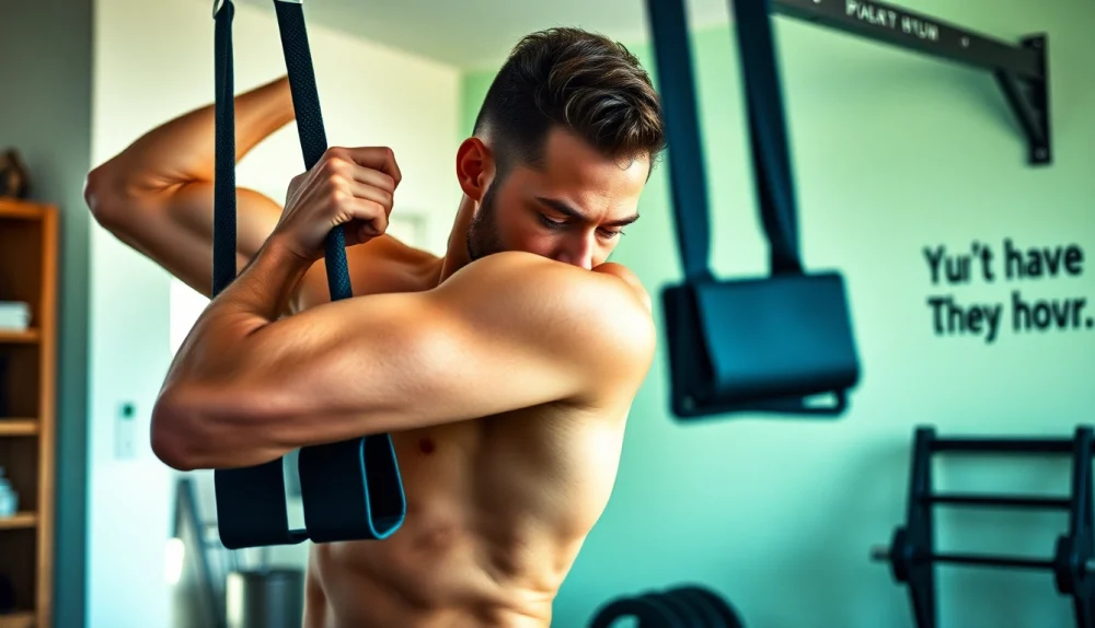 Fitness enthusiast using resistance bands for pull-ups in a dynamic home gym setting.