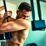 Fitness enthusiast using resistance bands for pull-ups in a dynamic home gym setting.
