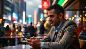 1win hesab yaratmaq prosesi zamanı telefon istifadəçisi müasir şəhər mühitində.