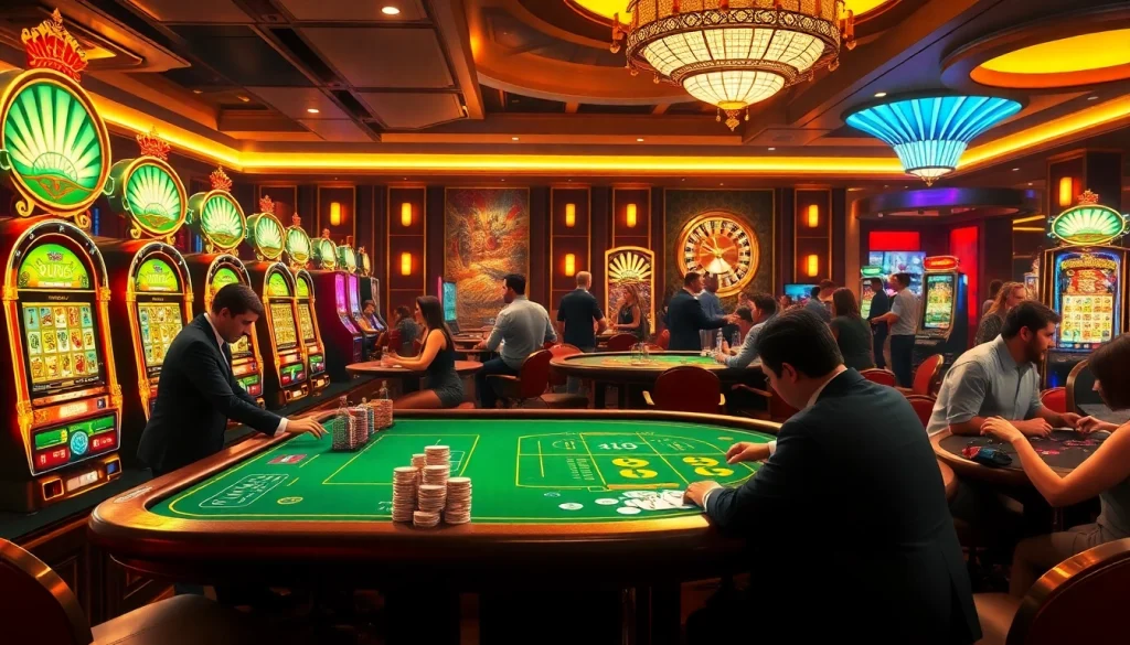 Engaging scene of players at Onicplay casino with cards, chips, and bright slot machines, showcasing excitement in gambling.
