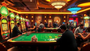 Engaging scene of players at Onicplay casino with cards, chips, and bright slot machines, showcasing excitement in gambling.
