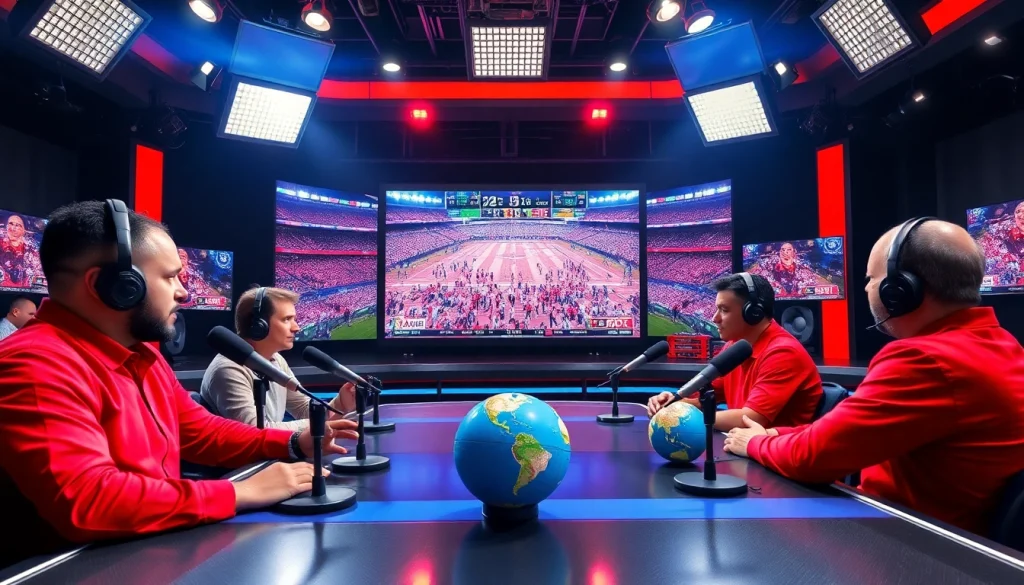 Engaging hosts in sports broadcasting discussing a live event in a vibrant studio.