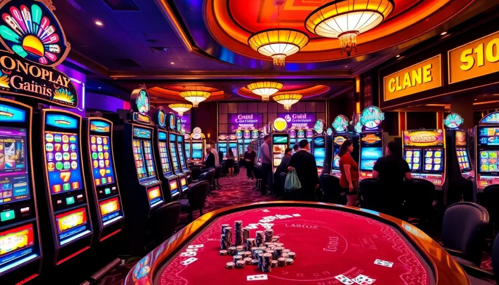 Players enjoying the vibrant onicplay slot machines in a luxurious casino setup.