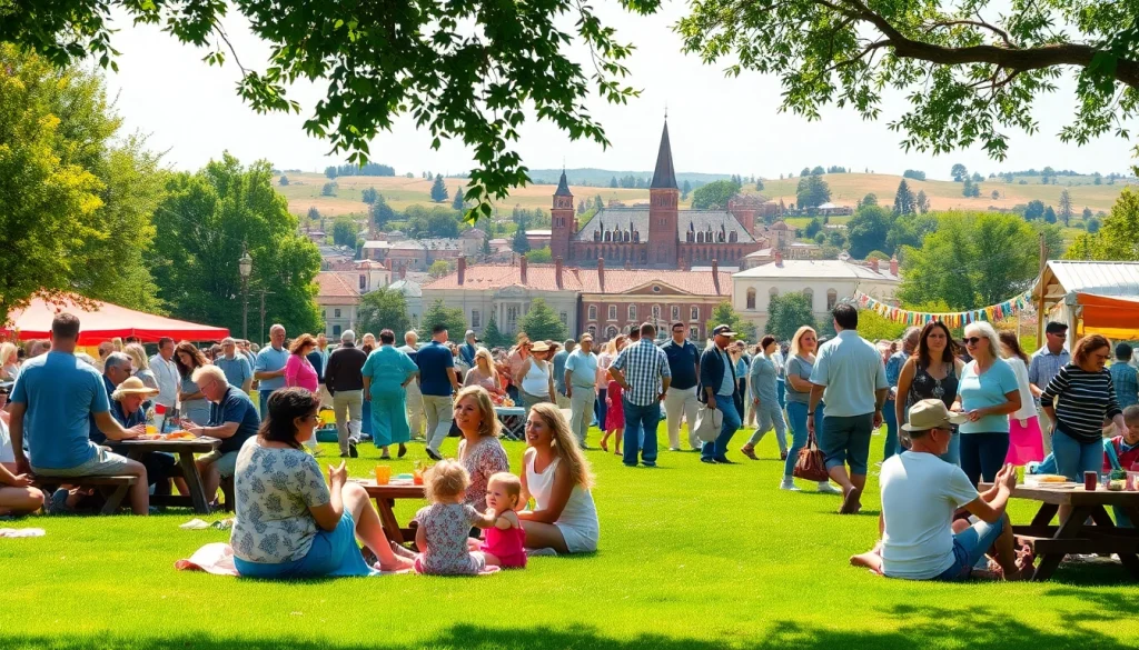 Clarksburg community members celebrating at a lively outdoor event in a vibrant park setting.
