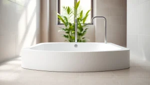 Stunning modern shower base enhances the sleek, stylish bathroom ambiance.