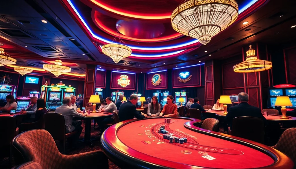 Menampilkan suasana qq8821 di kasino dengan pemain poker terlibat dan lampu neon yang cerah.