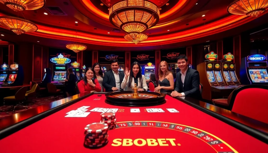 SBOBET branded betting table with players celebrating wins at a vibrant casino.