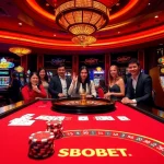 SBOBET branded betting table with players celebrating wins at a vibrant casino.
