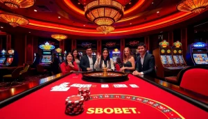 SBOBET branded betting table with players celebrating wins at a vibrant casino.