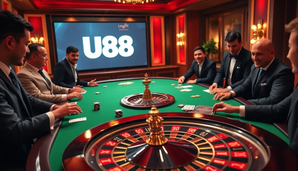 Players enjoy a thrilling poker game at a luxurious U88 casino table with vibrant atmosphere.