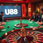 Players enjoy a thrilling poker game at a luxurious U88 casino table with vibrant atmosphere.