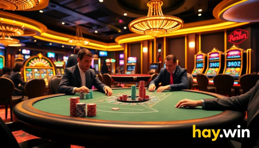 Engage with the excitement of hay.win at a luxurious casino with poker chips and roulette.